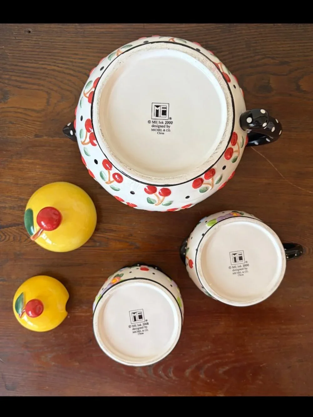 Mary Engelbreit Oh So Breit Teapot Creamer Sugar Set, Cherries and Flowers